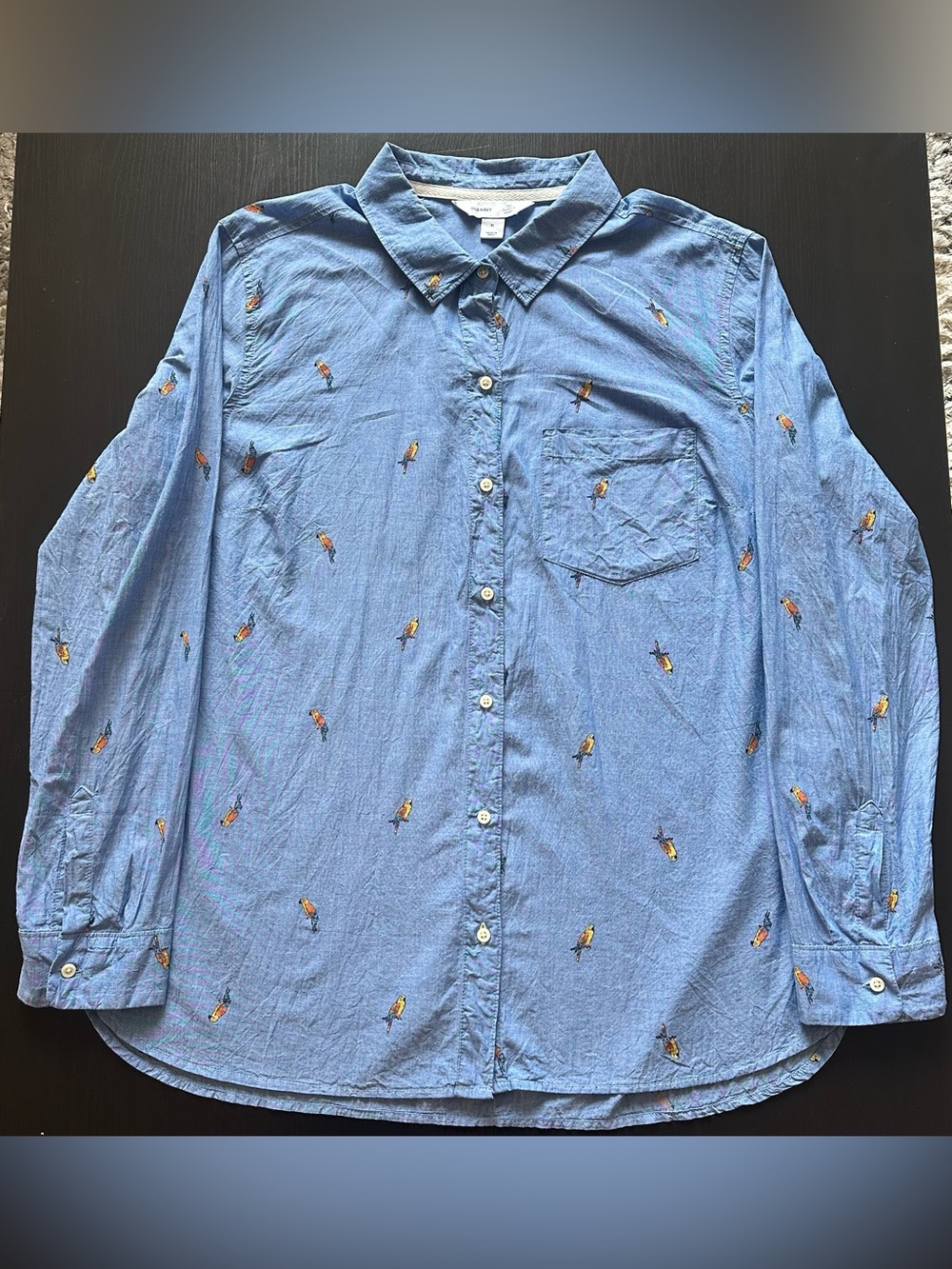 Old Navy Blue Button-Down Shirt with Embroidered Birds